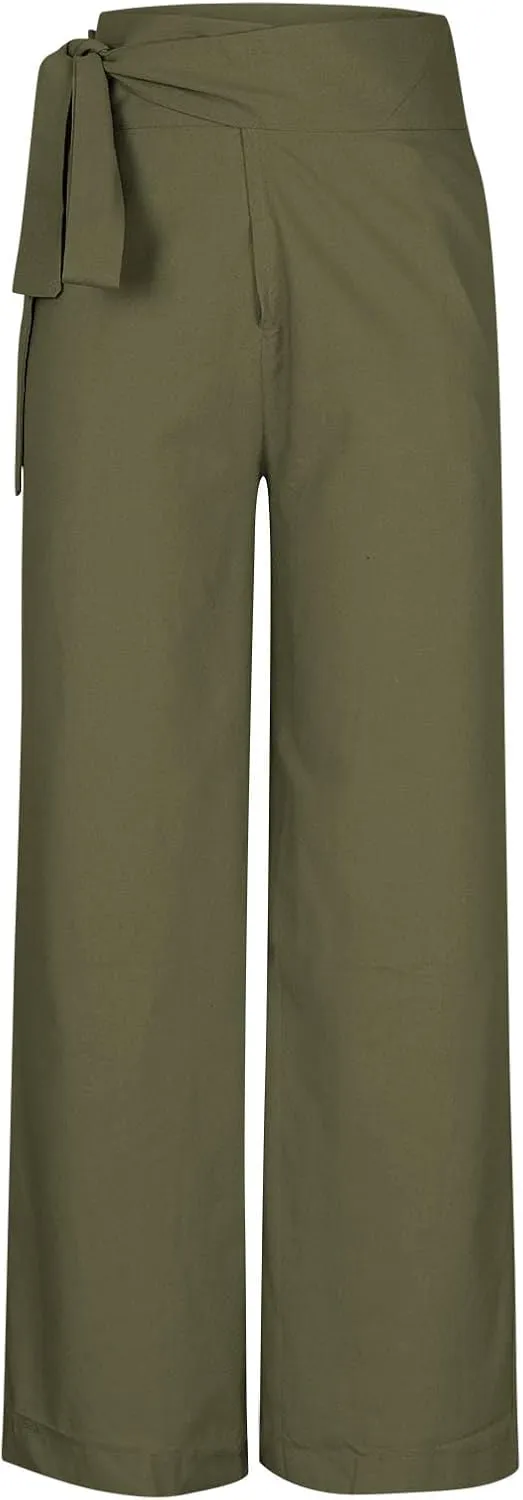 Women's Wide Leg Tie Front Pants 2024 Summer High Waist Business Casual Pants Solid Color Trousers Work Outfits
