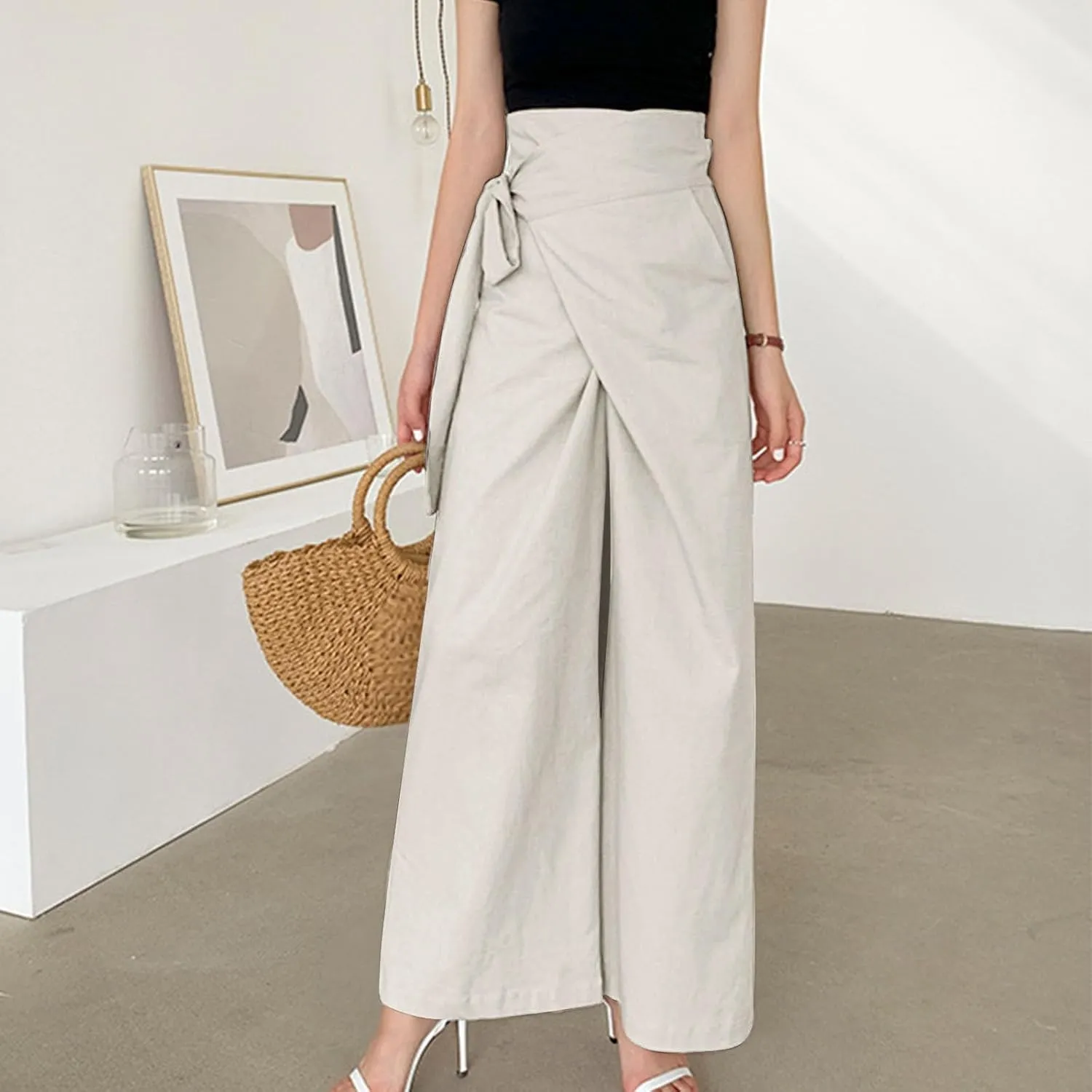 Women's Wide Leg Tie Front Pants 2024 Summer High Waist Business Casual Pants Solid Color Trousers Work Outfits