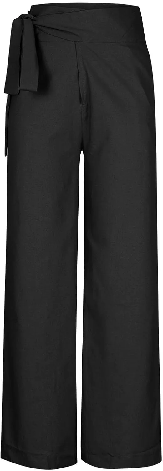 Women's Wide Leg Tie Front Pants 2024 Summer High Waist Business Casual Pants Solid Color Trousers Work Outfits