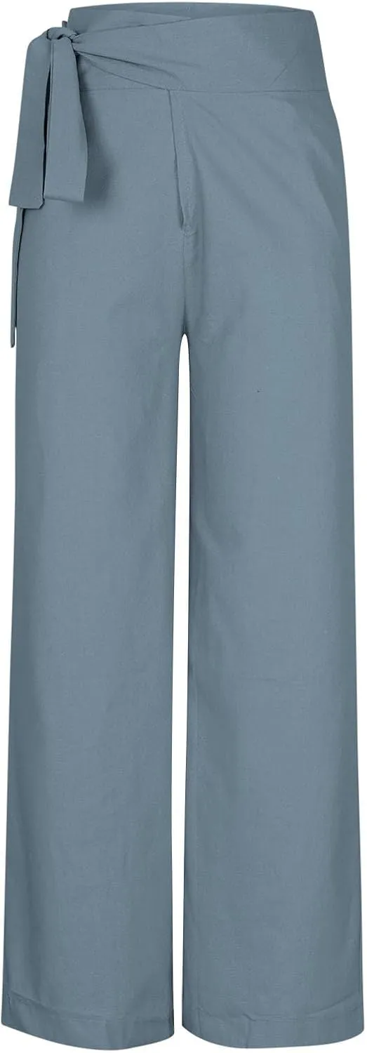 Women's Wide Leg Tie Front Pants 2024 Summer High Waist Business Casual Pants Solid Color Trousers Work Outfits
