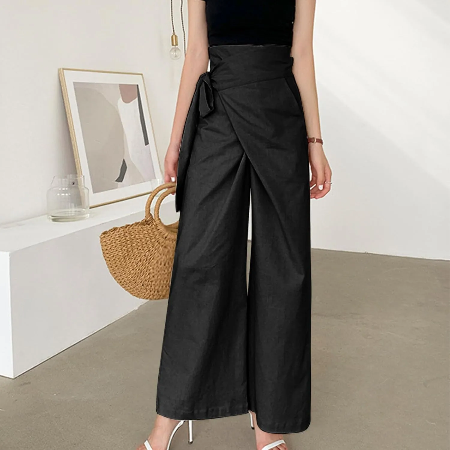Women's Wide Leg Tie Front Pants 2024 Summer High Waist Business Casual Pants Solid Color Trousers Work Outfits