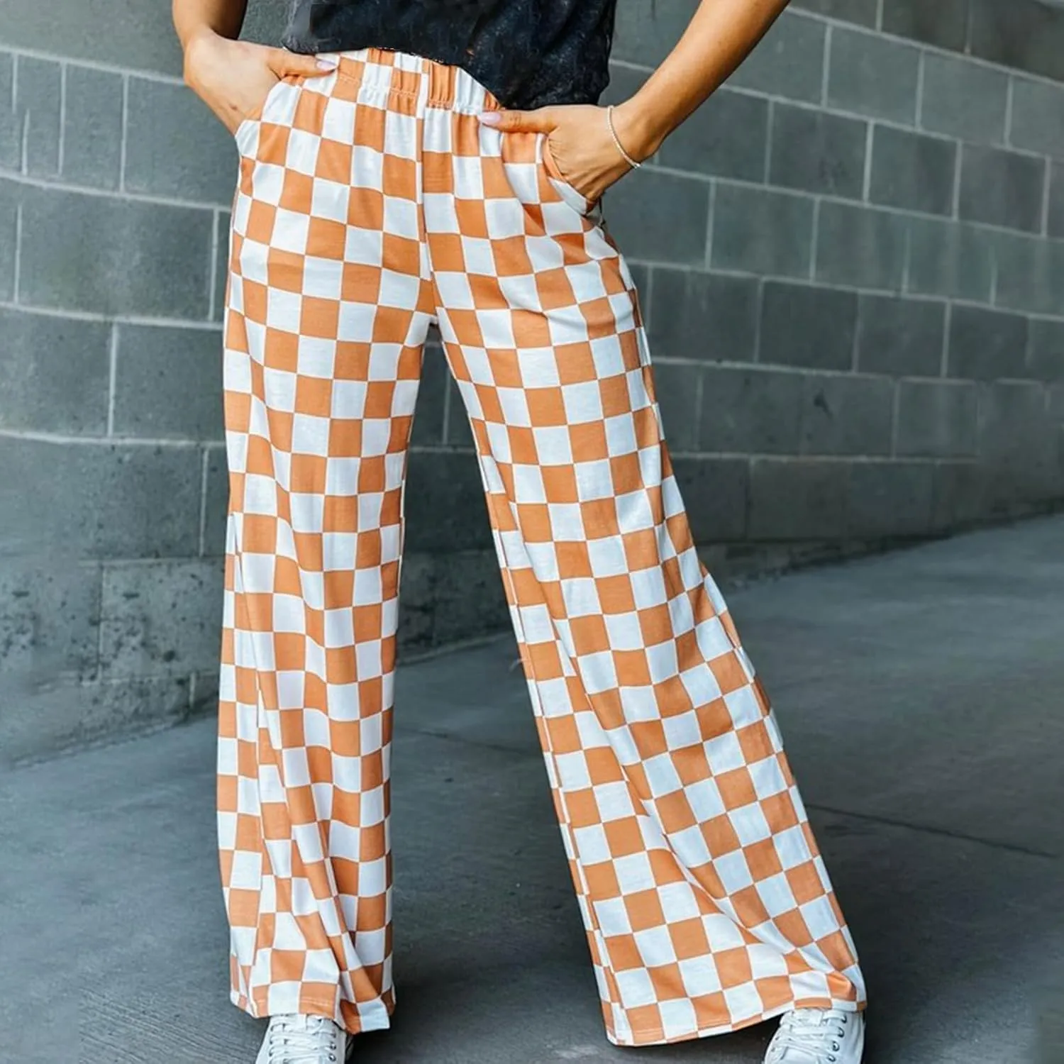 Womens Y2K Checkered Wide Leg Pants High Elastic Waist Plaid Straight Loose Fit Lounge Trouser Going Out Streetwear