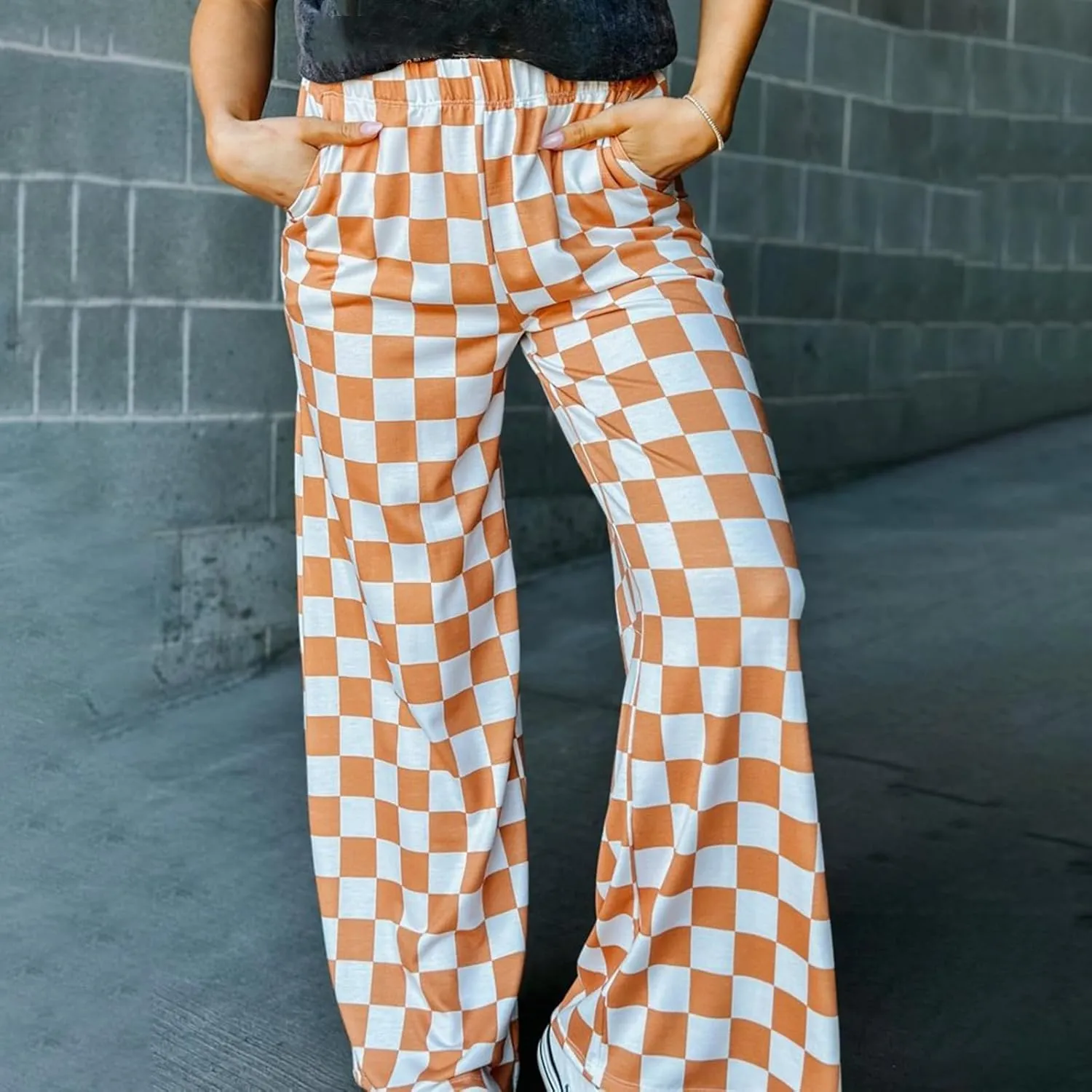 Womens Y2K Checkered Wide Leg Pants High Elastic Waist Plaid Straight Loose Fit Lounge Trouser Going Out Streetwear