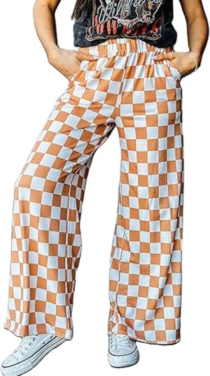 Womens Y2K Checkered Wide Leg Pants High Elastic Waist Plaid Straight Loose Fit Lounge Trouser Going Out Streetwear