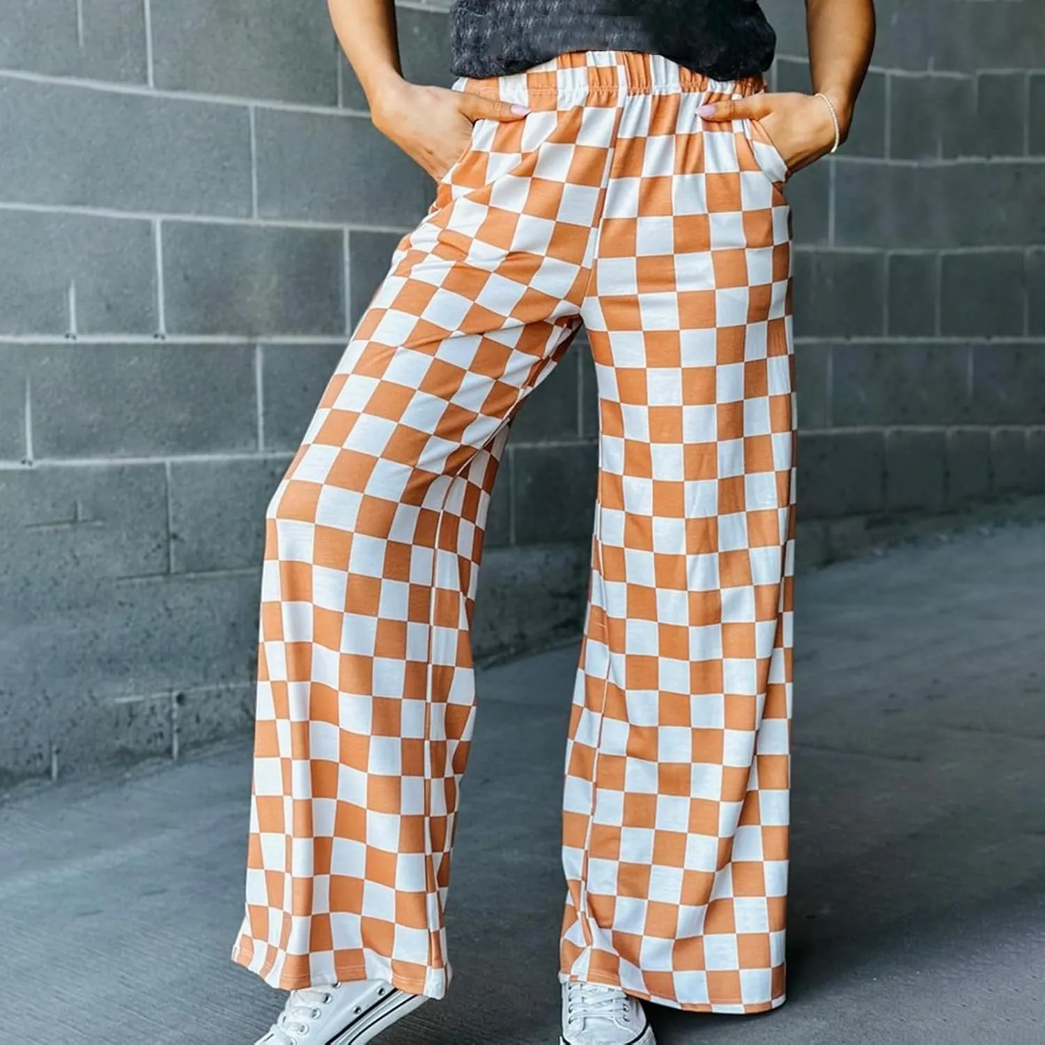 Womens Y2K Checkered Wide Leg Pants High Elastic Waist Plaid Straight Loose Fit Lounge Trouser Going Out Streetwear