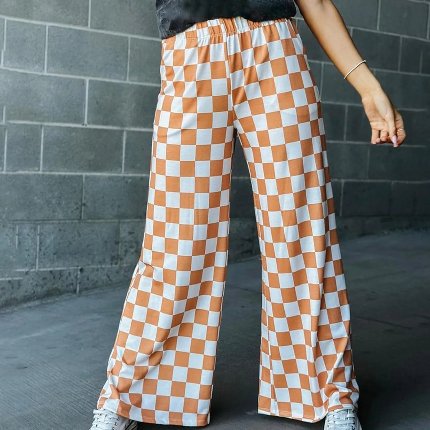 Womens Y2K Checkered Wide Leg Pants High Elastic Waist Plaid Straight Loose Fit Lounge Trouser Going Out Streetwear