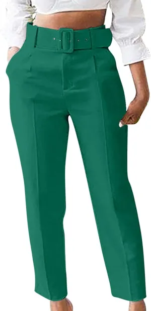 Work Pants for Women Office High Waist Comfy Cropped Business Casual Pockets Slim Fit Trousers with Belt