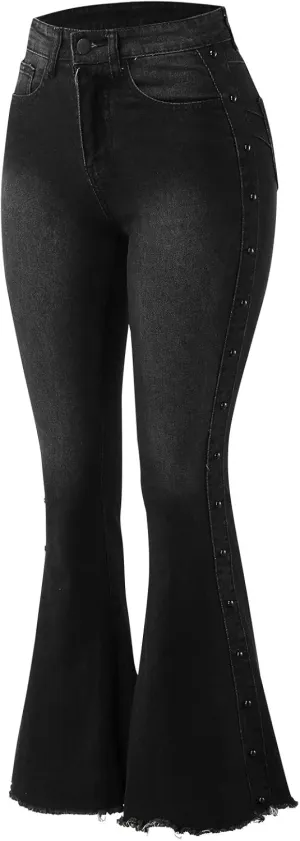 XIAOBU Bootcut Jeans Women's High Waist Butt-Lifting Tight Denim Pants Pocket Button Solid Wide-Leg Flared Trousers