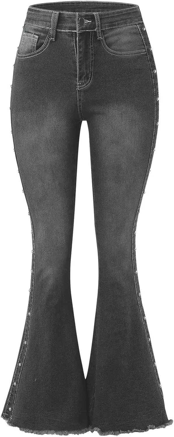 XIAOBU Bootcut Jeans Women's High Waist Butt-Lifting Tight Denim Pants Pocket Button Solid Wide-Leg Flared Trousers