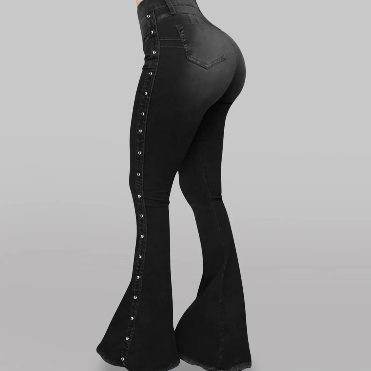 XIAOBU Bootcut Jeans Women's High Waist Butt-Lifting Tight Denim Pants Pocket Button Solid Wide-Leg Flared Trousers