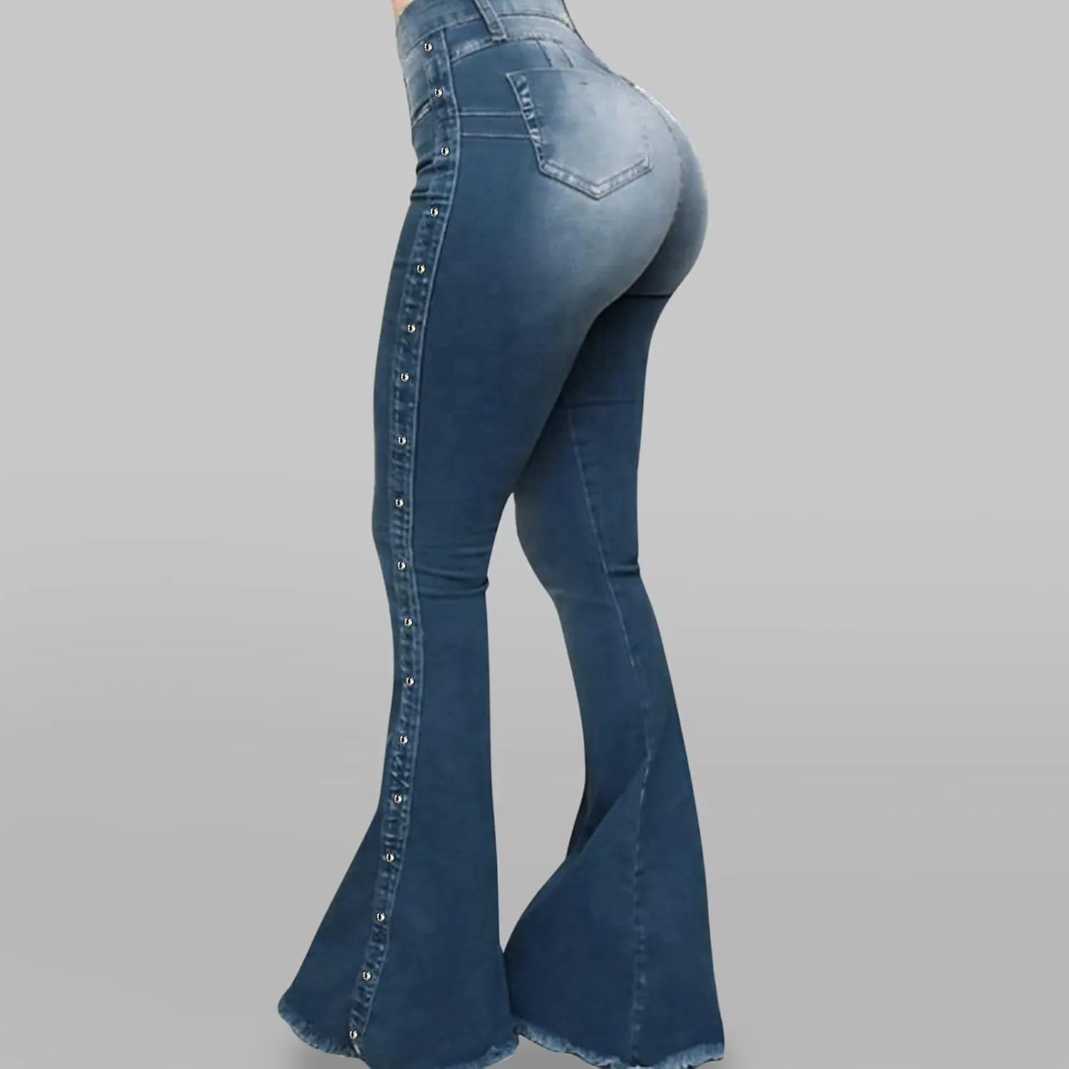 XIAOBU Bootcut Jeans Women's High Waist Butt-Lifting Tight Denim Pants Pocket Button Solid Wide-Leg Flared Trousers