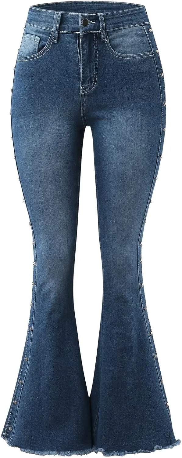 XIAOBU Bootcut Jeans Women's High Waist Butt-Lifting Tight Denim Pants Pocket Button Solid Wide-Leg Flared Trousers
