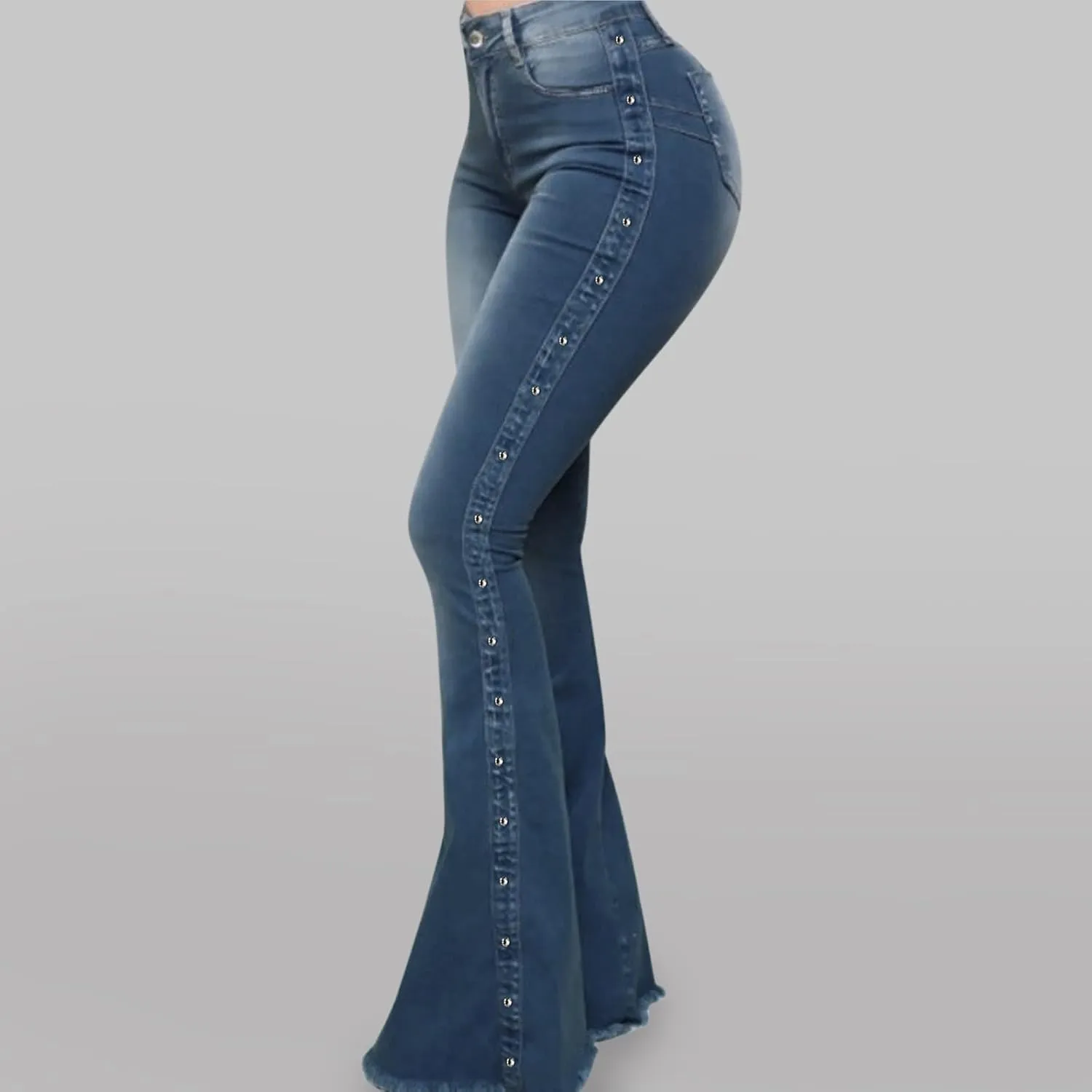 XIAOBU Bootcut Jeans Women's High Waist Butt-Lifting Tight Denim Pants Pocket Button Solid Wide-Leg Flared Trousers