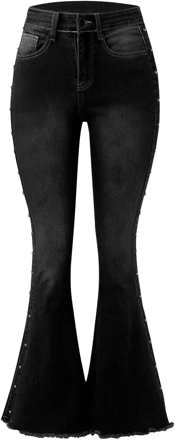 XIAOBU Bootcut Jeans Women's High Waist Butt-Lifting Tight Denim Pants Pocket Button Solid Wide-Leg Flared Trousers