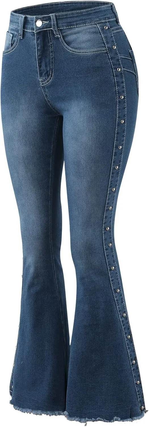 XIAOBU Bootcut Jeans Women's High Waist Butt-Lifting Tight Denim Pants Pocket Button Solid Wide-Leg Flared Trousers