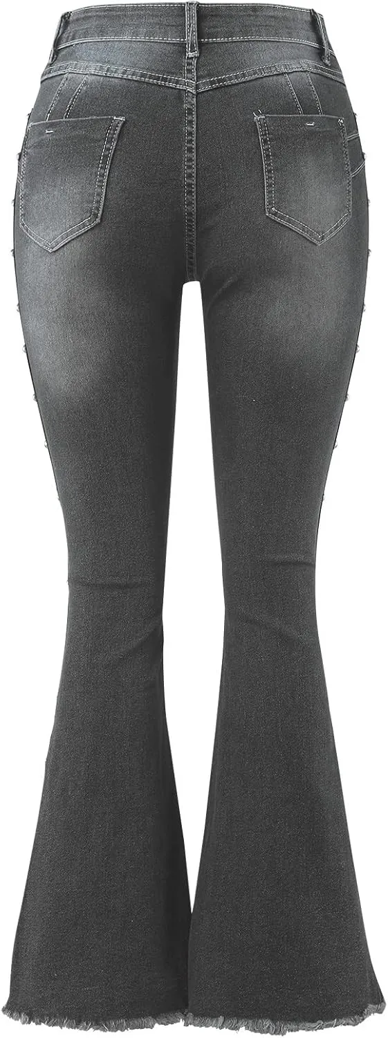XIAOBU Bootcut Jeans Women's High Waist Butt-Lifting Tight Denim Pants Pocket Button Solid Wide-Leg Flared Trousers