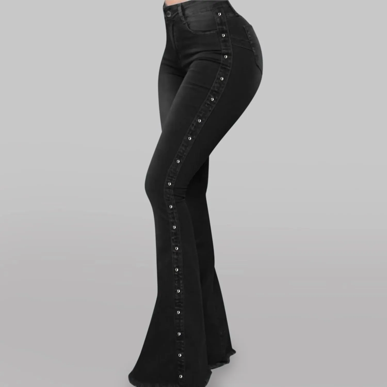 XIAOBU Bootcut Jeans Women's High Waist Butt-Lifting Tight Denim Pants Pocket Button Solid Wide-Leg Flared Trousers