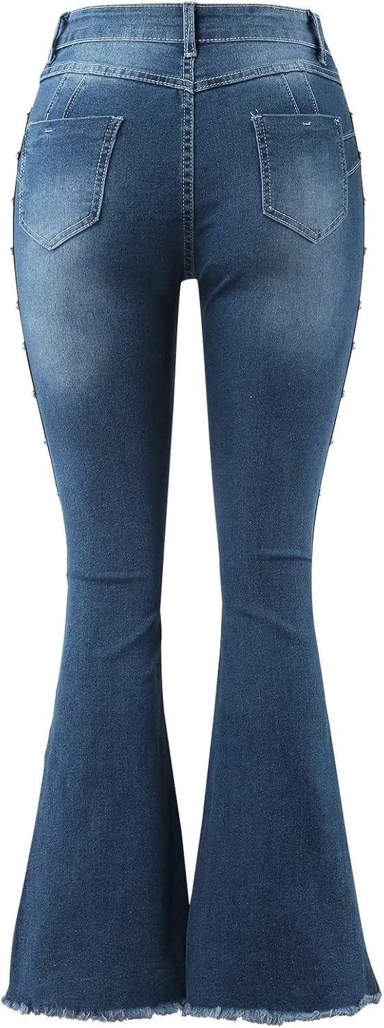 XIAOBU Bootcut Jeans Women's High Waist Butt-Lifting Tight Denim Pants Pocket Button Solid Wide-Leg Flared Trousers