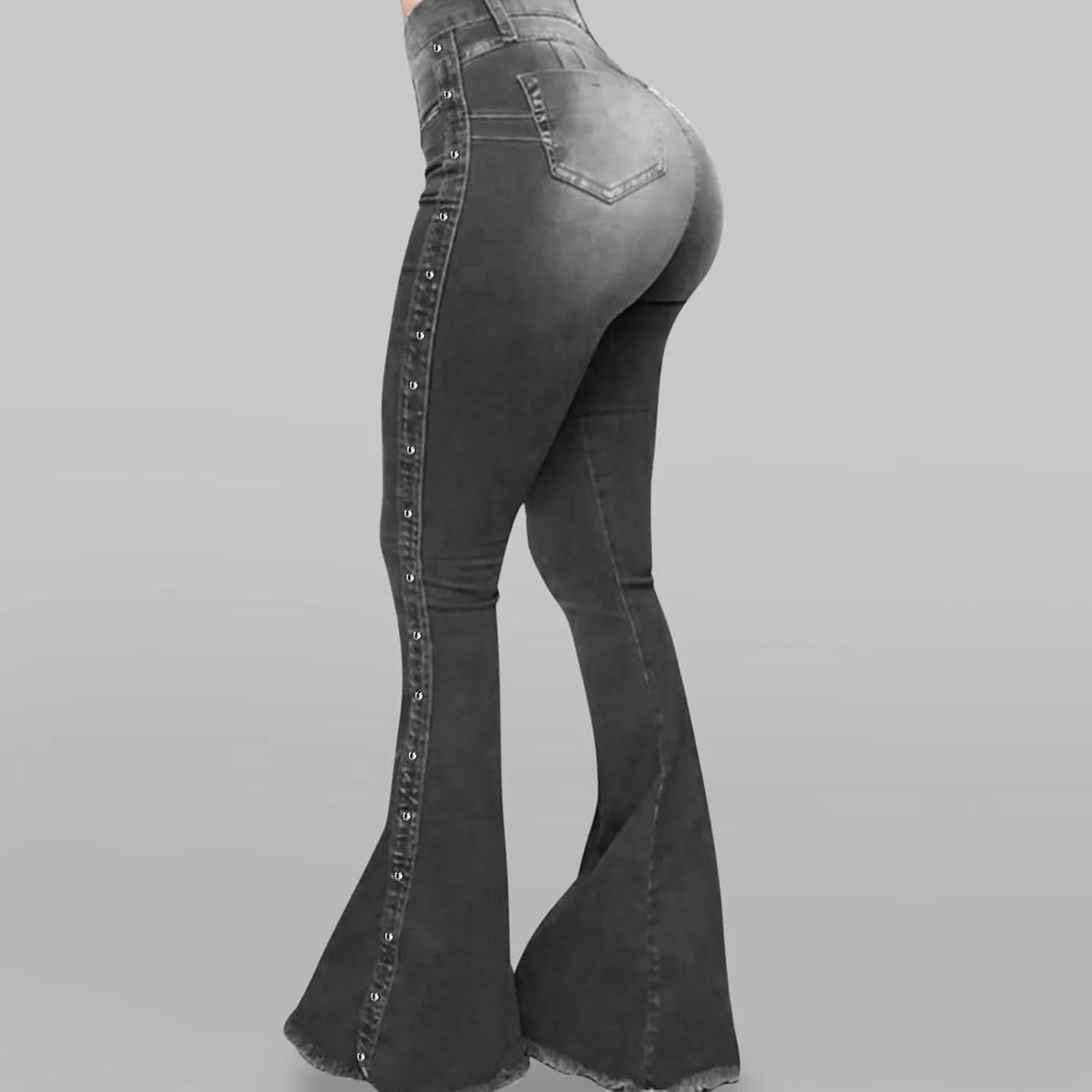 XIAOBU Bootcut Jeans Women's High Waist Butt-Lifting Tight Denim Pants Pocket Button Solid Wide-Leg Flared Trousers