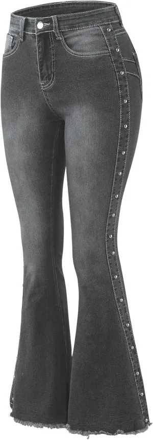 XIAOBU Bootcut Jeans Women's High Waist Butt-Lifting Tight Denim Pants Pocket Button Solid Wide-Leg Flared Trousers