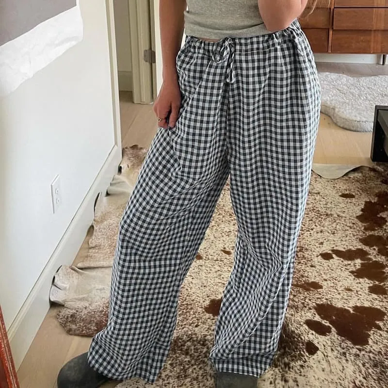 Y2k Striped Pants for Women Elastic Drawstring High Waist Wide Leg Pants Vintage Streetwear Lounge Trousers