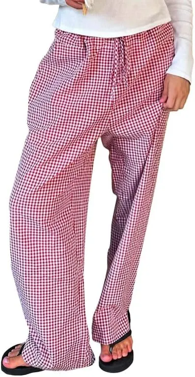 Y2k Striped Pants for Women Elastic Drawstring High Waist Wide Leg Pants Vintage Streetwear Lounge Trousers