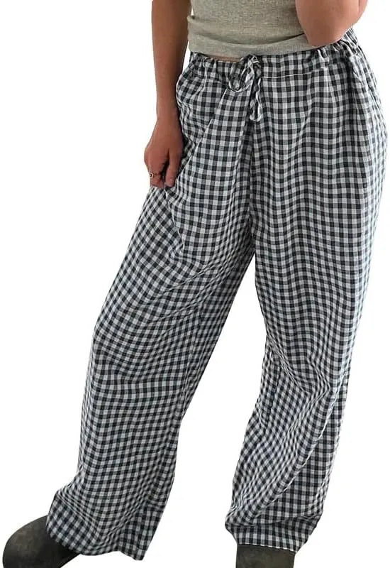 Y2k Striped Pants for Women Elastic Drawstring High Waist Wide Leg Pants Vintage Streetwear Lounge Trousers