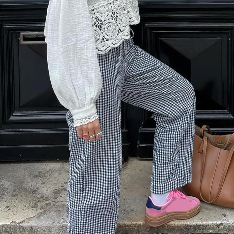 Y2k Striped Pants for Women Elastic Drawstring High Waist Wide Leg Pants Vintage Streetwear Lounge Trousers