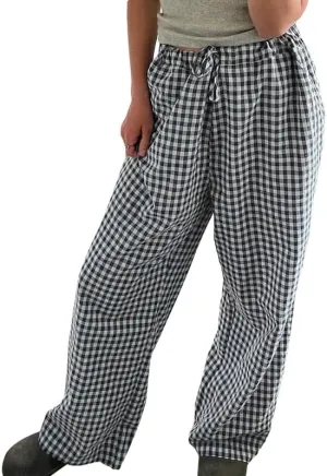 Y2k Striped Pants for Women Elastic Drawstring High Waist Wide Leg Pants Vintage Streetwear Lounge Trousers