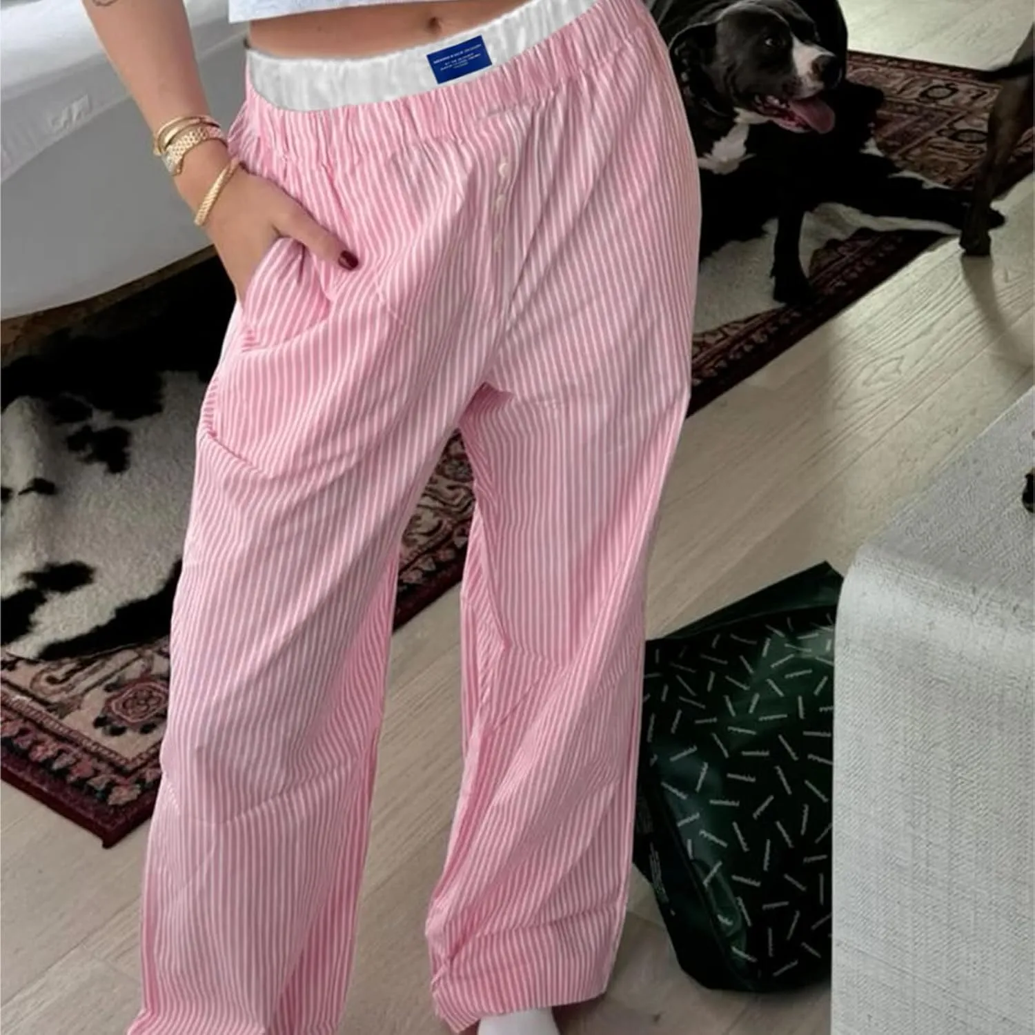 Y2k Striped Pants for Women Elastic Drawstring High Waist Wide Leg Trousers Vintage Streetwear Lounge Pants