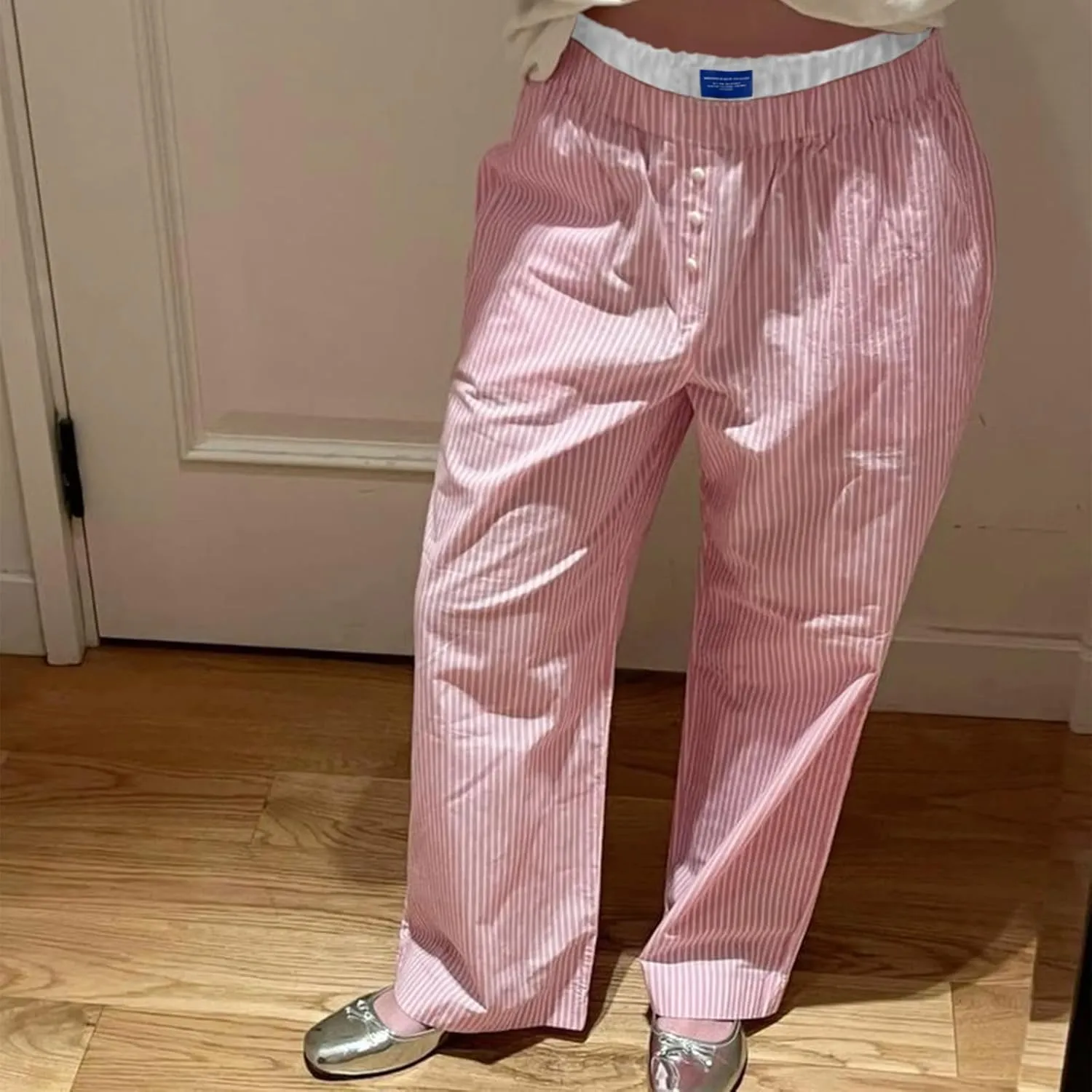 Y2k Striped Pants for Women Elastic Drawstring High Waist Wide Leg Trousers Vintage Streetwear Lounge Pants