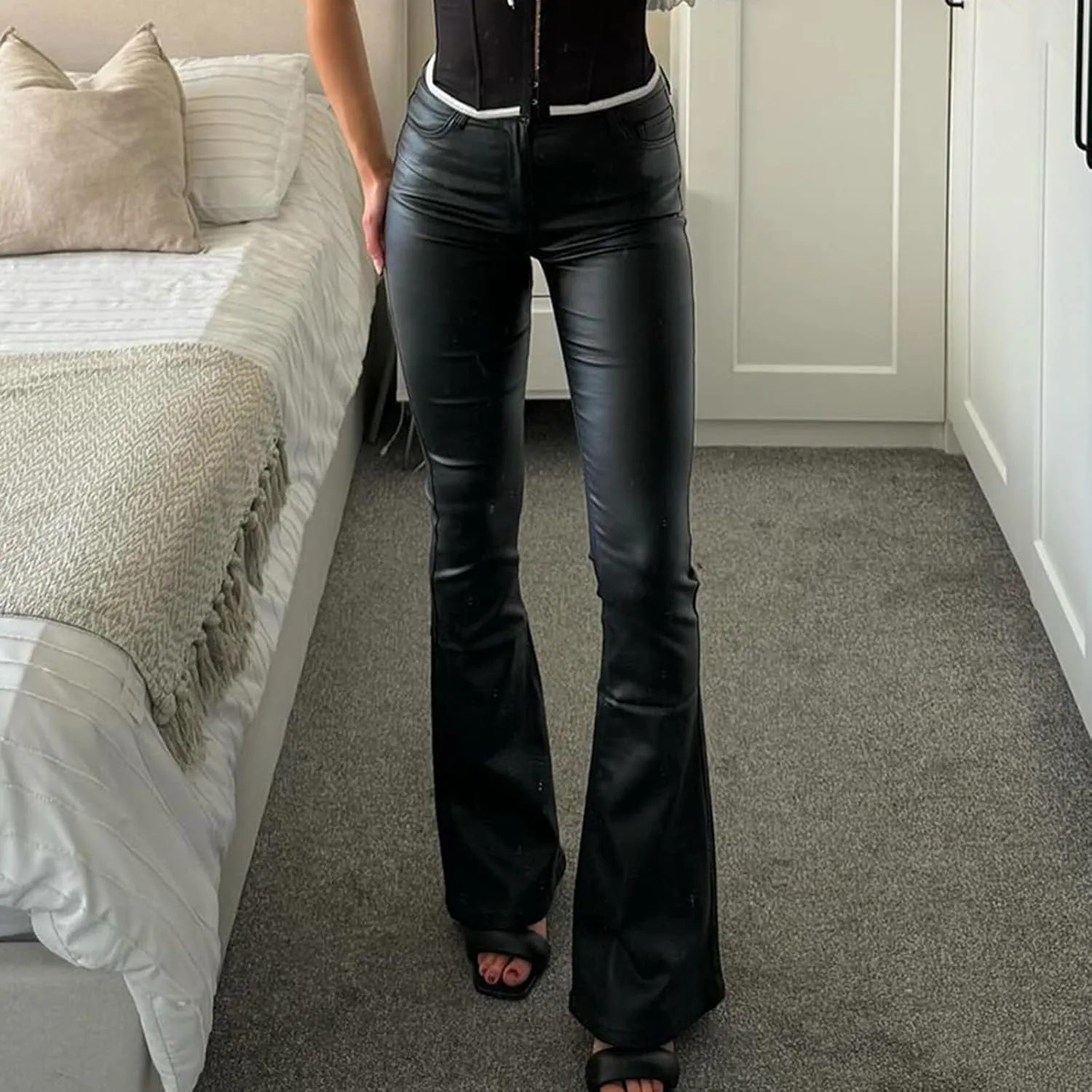 Yoawdats Women's Faux Leather Pants PU High Waist Flare Long Pants Tummy Control Bootcut Bell Bottom Trousers with Pockets