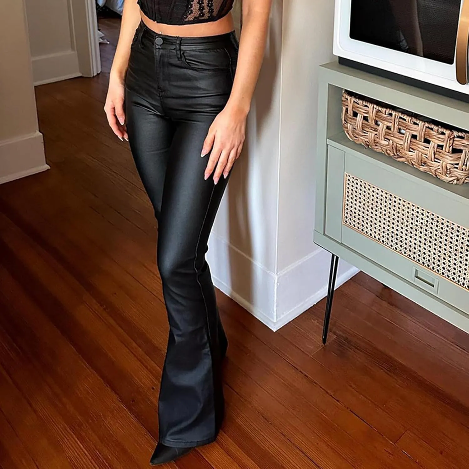 Yoawdats Women's Faux Leather Pants PU High Waist Flare Long Pants Tummy Control Bootcut Bell Bottom Trousers with Pockets