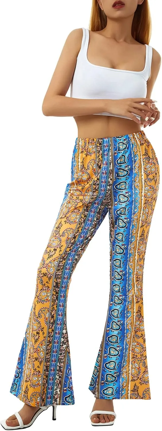 Yoawdats Women's Floral Print Elastic Waist Flare Pants Casual High Waist Slimming Long Pants Trousers Leggings Streetwear