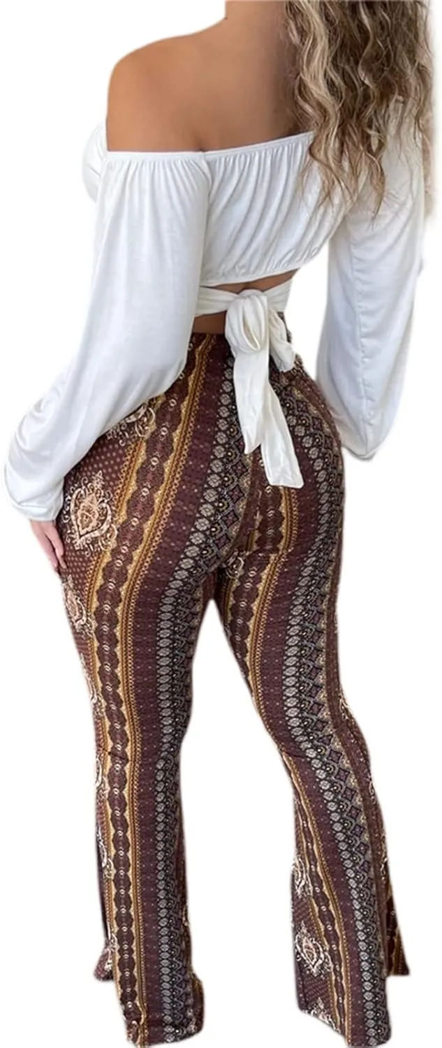 Yoawdats Women's Floral Print Elastic Waist Flare Pants Casual High Waist Slimming Long Pants Trousers Leggings Streetwear