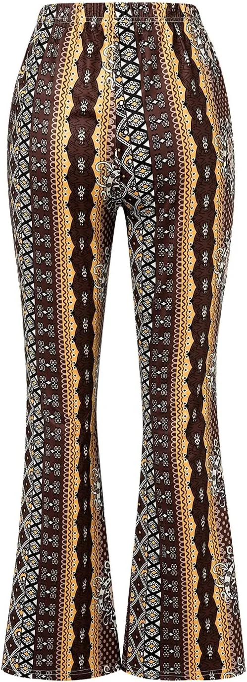 Yoawdats Women's Floral Print Elastic Waist Flare Pants Casual High Waist Slimming Long Pants Trousers Leggings Streetwear