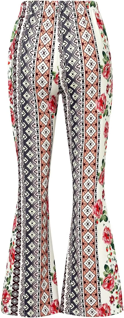 Yoawdats Women's Floral Print Elastic Waist Flare Pants Casual High Waist Slimming Long Pants Trousers Leggings Streetwear
