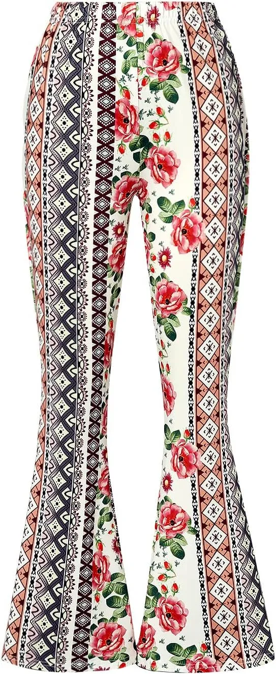 Yoawdats Women's Floral Print Elastic Waist Flare Pants Casual High Waist Slimming Long Pants Trousers Leggings Streetwear