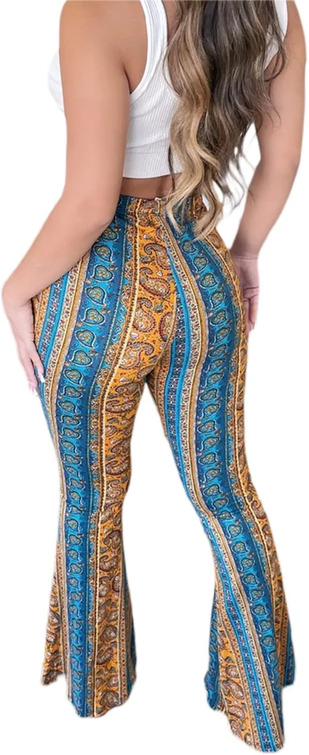 Yoawdats Women's Floral Print Elastic Waist Flare Pants Casual High Waist Slimming Long Pants Trousers Leggings Streetwear