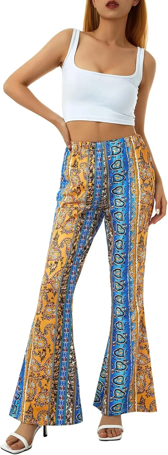 Yoawdats Women's Floral Print Elastic Waist Flare Pants Casual High Waist Slimming Long Pants Trousers Leggings Streetwear