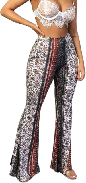 Yoawdats Women's Floral Print Elastic Waist Flare Pants Casual High Waist Slimming Long Pants Trousers Leggings Streetwear