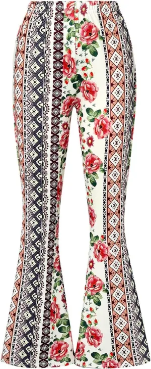 Yoawdats Women's Floral Print Elastic Waist Flare Pants Casual High Waist Slimming Long Pants Trousers Leggings Streetwear