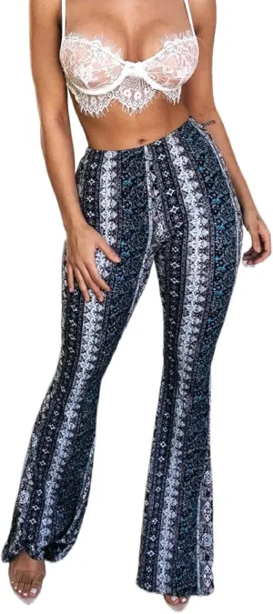Yoawdats Women's Floral Print Elastic Waist Flare Pants Casual High Waist Slimming Long Pants Trousers Leggings Streetwear