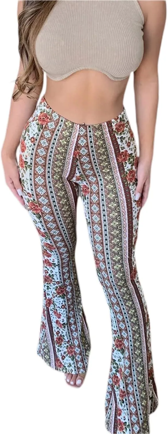 Yoawdats Women's Floral Print Elastic Waist Flare Pants Casual High Waist Slimming Long Pants Trousers Leggings Streetwear