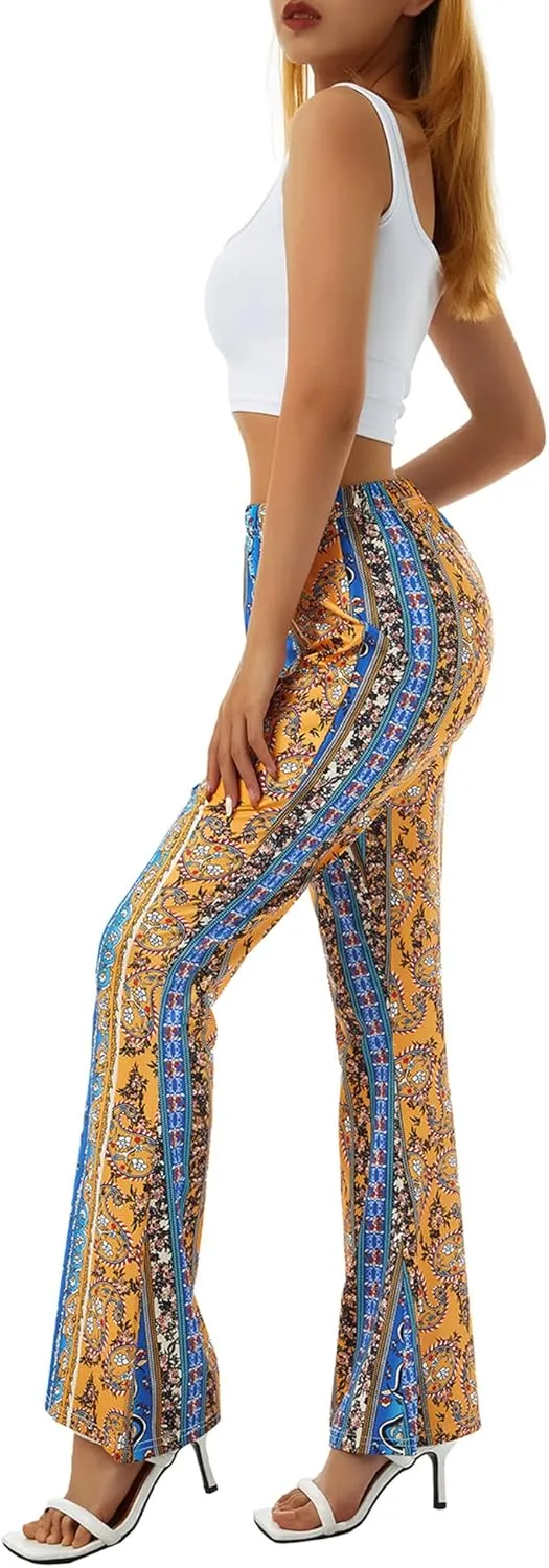Yoawdats Women's Floral Print Elastic Waist Flare Pants Casual High Waist Slimming Long Pants Trousers Leggings Streetwear