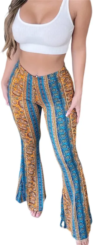 Yoawdats Women's Floral Print Elastic Waist Flare Pants Casual High Waist Slimming Long Pants Trousers Leggings Streetwear