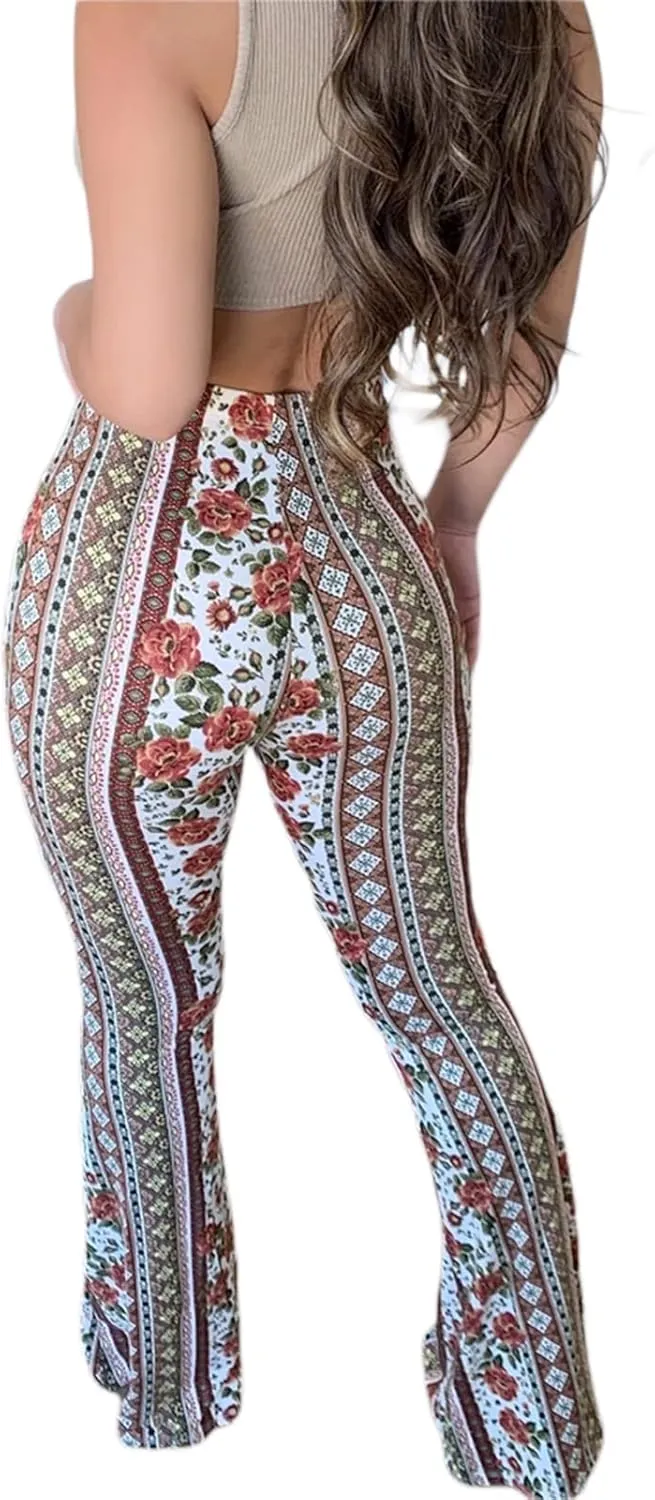 Yoawdats Women's Floral Print Elastic Waist Flare Pants Casual High Waist Slimming Long Pants Trousers Leggings Streetwear