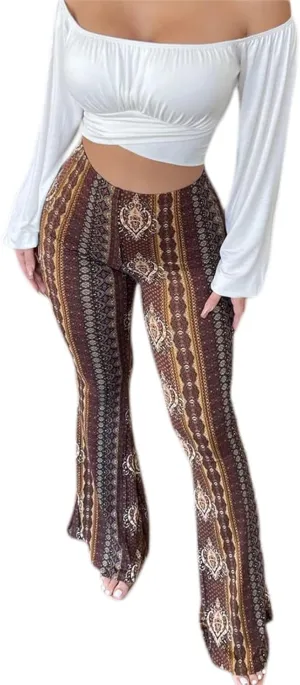 Yoawdats Women's Floral Print Elastic Waist Flare Pants Casual High Waist Slimming Long Pants Trousers Leggings Streetwear