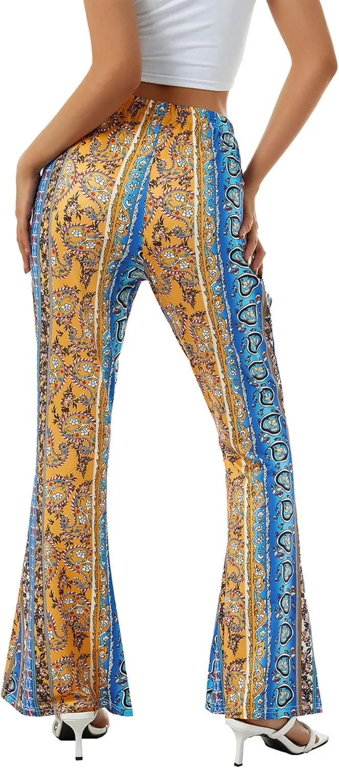 Yoawdats Women's Floral Print Elastic Waist Flare Pants Casual High Waist Slimming Long Pants Trousers Leggings Streetwear