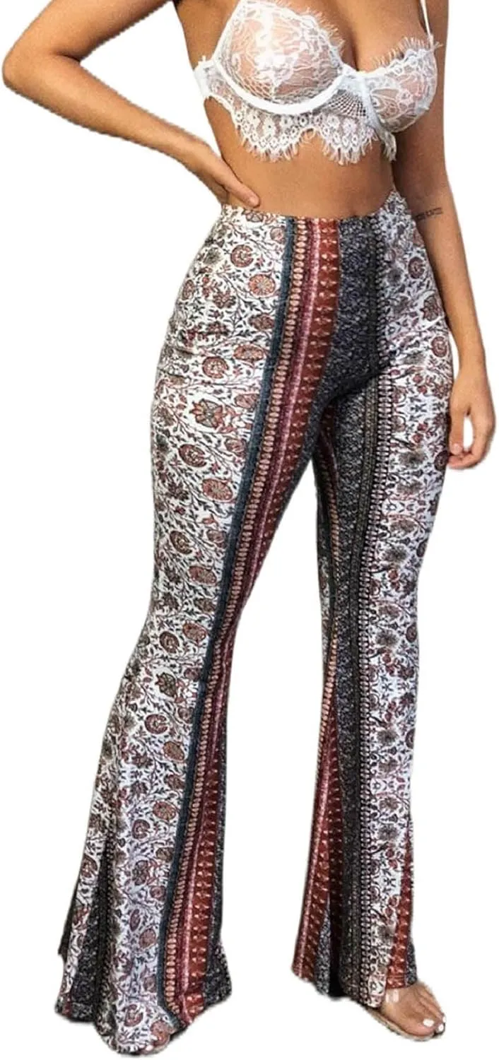 Yoawdats Women's Floral Print Elastic Waist Flare Pants Casual High Waist Slimming Long Pants Trousers Leggings Streetwear